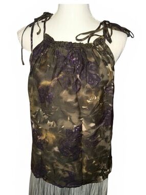 7 For All Mankind Silk Olive Green Floral Tie-Shoulder racer back Tank